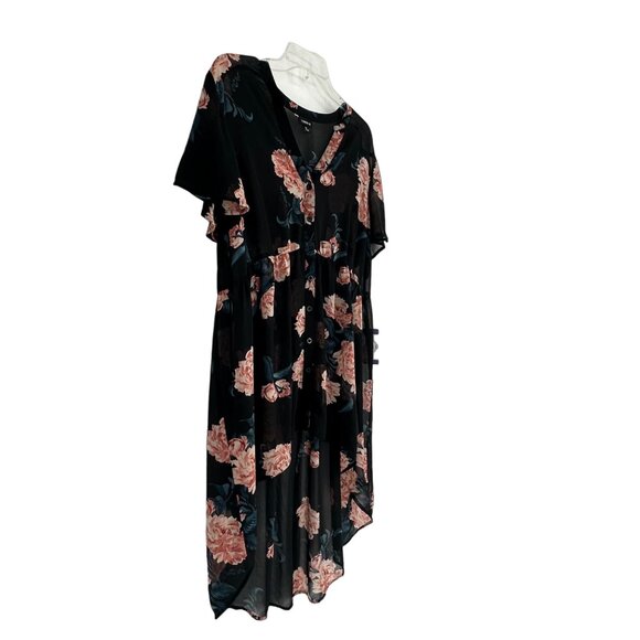 Torrid 0 Short Sleeve Button Up Sheer Tunic Top Black Floral High Low Hem Vneck - Picture 4 of 11